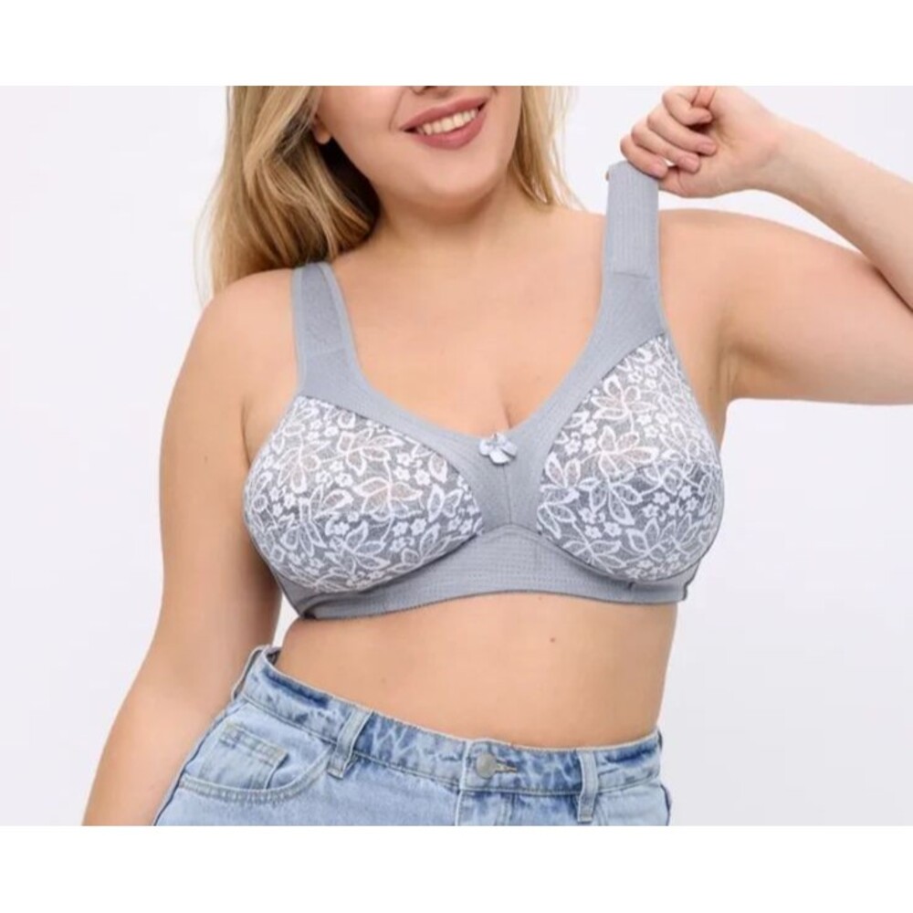 42G Bra Gray Floral Lace Wireless Bra Wide Straps Full Coverage Unlined Support